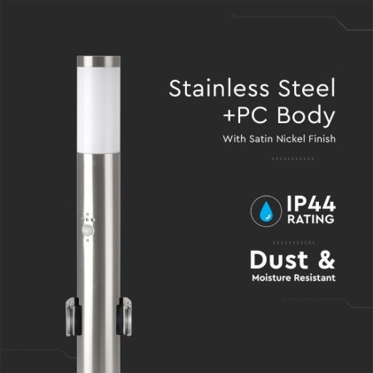 V-TAC Piantana LED da Giardino 60cm con Portalampada E27 e 2 Prese Schuko e Sensore di Movimento (max 60W) in Acciaio Inossidabile IP44