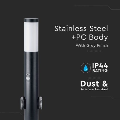 V-TAC Piantana LED da Giardino 60cm con Portalampada E27 2 Prese Schuko e Sensore di Movimento (max 60W) in Acciaio Inossidabile Nero IP44