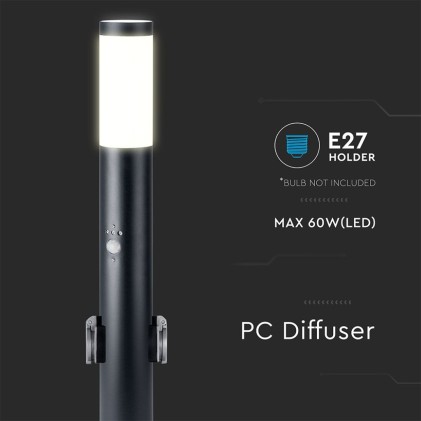 V-TAC Piantana LED da Giardino 60cm con Portalampada E27 2 Prese Schuko e Sensore di Movimento (max 60W) in Acciaio Inossidabile Nero IP44