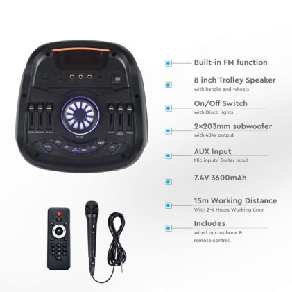 V-TAC Altoparlante Trolley Ricaricabile 40W con Microfono Cablato Telecomando RGB per Casse 2 * 2,8 pollici