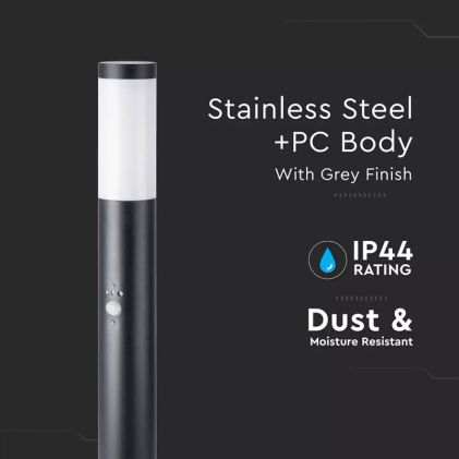 V-TAC Piantana LED da Giardino 110cm con Portalampada E27 e sensore di movimento (max 60W) in Acciaio Inossidabile Nero IP44