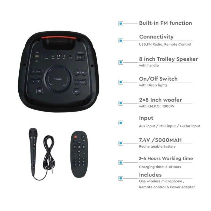 V-TAC Altoparlante Trolley Ricaricabile 40W con Microfono Cablato Telecomando e Casse 2 * 8 pollici