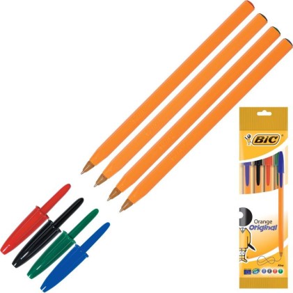 Bic Orange Original Fine Confezione da 4 penne a sfera - Punta tonda da 0,8 mm - Linea da 0,3 mm - Inchiostro a base di olio - Corpo arancione - Colori assortiti