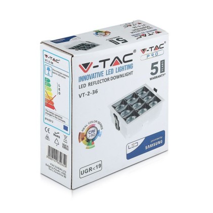 V-TAC PRO Faretto LED Chip Samsung da Incasso 36W (9*4W) UGR<19 12° 5700K CRI>90