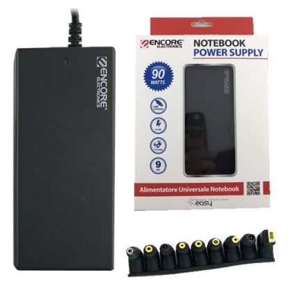 Encore Alimentatore Per Notebook 90W, 9 Connettori, Compatibile Con Tensioni 15-16-18.5-19-19.5-20V
