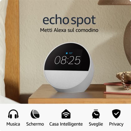 Amazon Nuovo Echo Spot (modello 2024) | Sveglia intelligente con suono di qualità e Alexa | Bianco