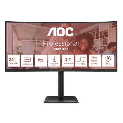 Aoc Monitor Curvo 34 Led Va Uwqhd 21:9 4Ms 120Hz 350 Cdm, Reg Altezza, Usb-C, Dp/Hdmi, Multim