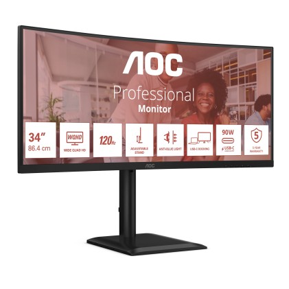 Aoc Monitor Curvo 34 Led Va Uwqhd 21:9 4Ms 120Hz 350 Cdm, Reg Altezza, Usb-C, Dp/Hdmi, Multim