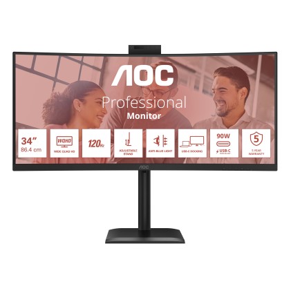 Aoc Monitor 34 Led Va 4K Uhd 21:9 4Ms 120Hz 350 Cdm, Reg Altezza, Dp/Hdmi, Usb-C, Webcam, Multimedia