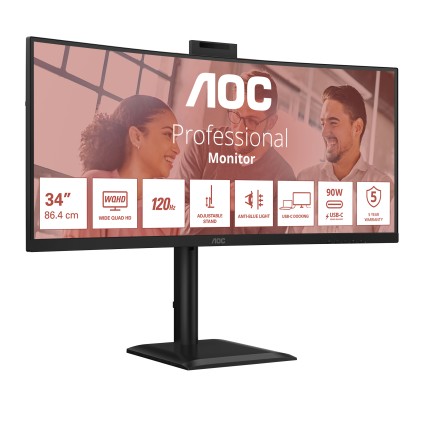 Aoc Monitor 34 Led Va 4K Uhd 21:9 4Ms 120Hz 350 Cdm, Reg Altezza, Dp/Hdmi, Usb-C, Webcam, Multimedia