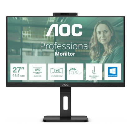 Aoc Monitor 27 Led Ips Qhd 16:9 4Ms 350 Cdm, Webcam, Usb-C, Pivot, Dp/2Hdmi, Multimediale