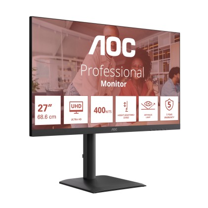 Aoc Monitor 27 Led Ips 4K Uhd 16:9 4Ms 75Hz 400 Cdm, Pivot, Dp/Hdmi, Usb-C, Multimediale