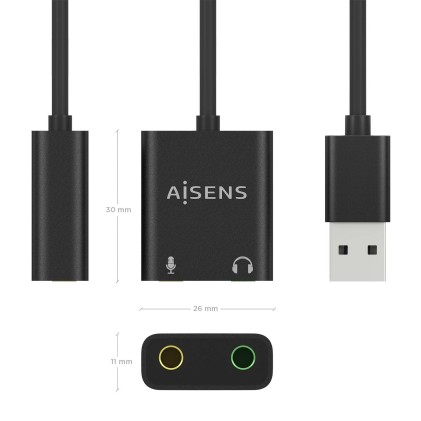 Convertitore audio da USB-A a Aisens 48KHz - USB-A/M-2xJACK 3.5/H - 10 cm - Colore nero