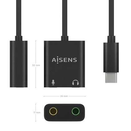 Convertitore audio da USB-C a Aisens 48KHz - USB-C/M-2xJACK 3.5/H - 10 cm - Colore nero