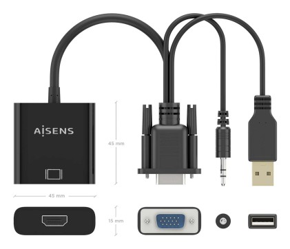 AISENS A115-0872 cavo e adattatore video 0,2 m HDMI tipo A (Standard) VGA (D-Sub) + 3.5mm + USB Type-A Nero