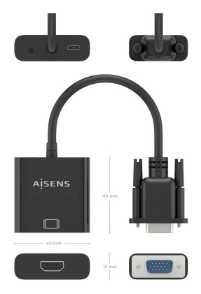 AISENS A115-0873 cavo e adattatore video 0,2 m HDMI + 3.5mm + Micro-USB Type-B VGA (D-Sub) Nero