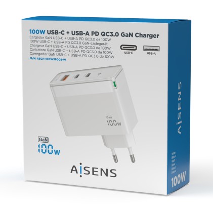 AISENS ASCH-100W3P008-W Caricabatterie per dispositivi mobili Universale Bianco AC Ricarica rapida Interno