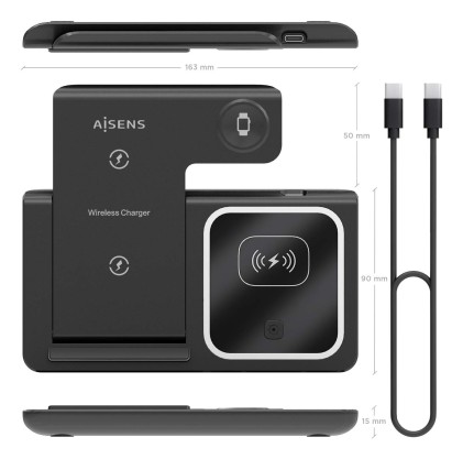 AISENS ASCH-15W3WC043-BK Caricabatterie per dispositivi mobili Auricolare, Telefono cellulare, Smartphone, Orologio intelligente Nero USB Carica wireless Ricarica rapida Interno