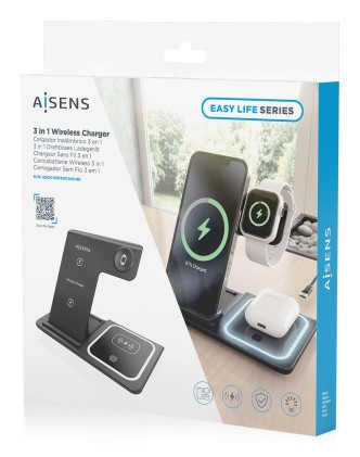 AISENS ASCH-15W3WC043-BK Caricabatterie per dispositivi mobili Auricolare, Telefono cellulare, Smartphone, Orologio intelligente Nero USB Carica wireless Ricarica rapida Interno