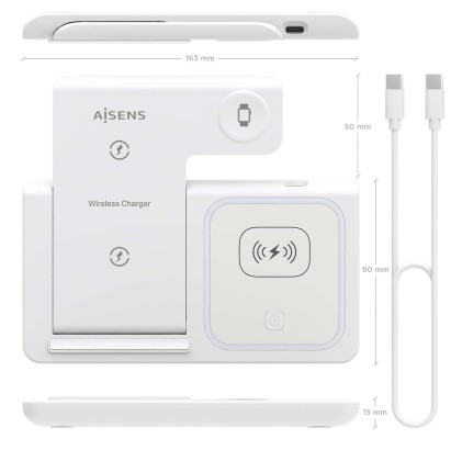 AISENS ASCH-15W3WC044-W Caricabatterie per dispositivi mobili Auricolare, Telefono cellulare, Smartphone, Orologio intelligente Bianco USB Carica wireless Ricarica rapida Interno