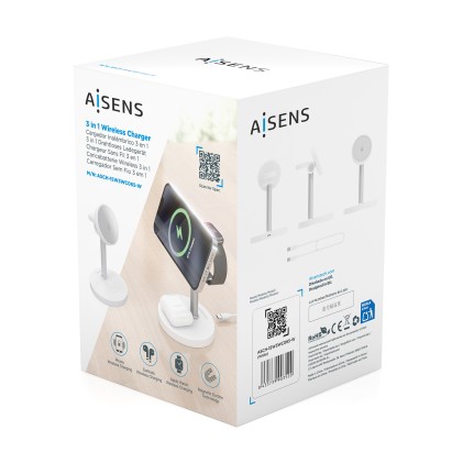 AISENS ASCH-15W3WC065-W Caricabatterie per dispositivi mobili Cuffie, Smartphone, Orologio intelligente Bianco USB Carica wireless Interno