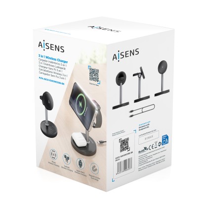AISENS ASCH-15W3WC066-BK Caricabatterie per dispositivi mobili Cuffie, Smartphone, Orologio intelligente Nero USB Carica wireless Interno