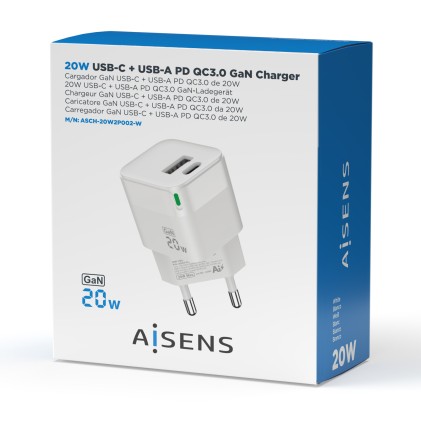 AISENS ASCH-20W2P002-W Caricabatterie per dispositivi mobili Universale Bianco AC Ricarica rapida Interno