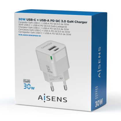 AISENS ASCH-30W2P004-W Caricabatterie per dispositivi mobili Universale Bianco AC Ricarica rapida Interno