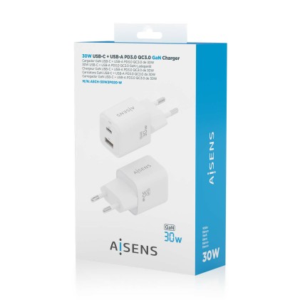 AISENS ASCH-30W2P020-W Caricabatterie per dispositivi mobili Universale Bianco AC Ricarica rapida Interno