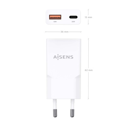 AISENS ASCH-30W2P046-W Caricabatterie per dispositivi mobili Fotocamera, MP3, MP4, Telefono cellulare, Navigatore, Computer portatile, Console portatile, Smartphone, Tablet, Universale Bianco AC Ricarica rapida Interno