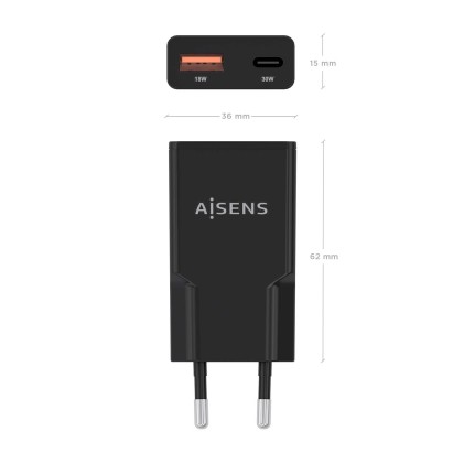 AISENS ASCH-30W2P047-BK Caricabatterie per dispositivi mobili Fotocamera, MP3, MP4, Telefono cellulare, Navigatore, Computer portatile, Console portatile, Smartphone, Tablet, Universale Nero AC Ricarica rapida Interno