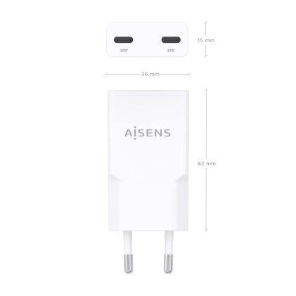AISENS ASCH-30W2P048-W Caricabatterie per dispositivi mobili Fotocamera, MP3, MP4, Telefono cellulare, Navigatore, Computer portatile, Console portatile, Smartphone, Tablet, Universale Bianco AC Ricarica rapida Interno