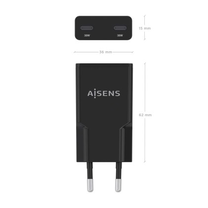 AISENS ASCH-30W2P049-BK Caricabatterie per dispositivi mobili Fotocamera, MP3, MP4, Telefono cellulare, Navigatore, Computer portatile, Console portatile, Smartphone, Tablet, Universale Nero AC Ricarica rapida Interno