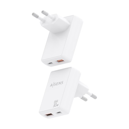 AISENS ASCH-30W2P074-W Caricabatterie per dispositivi mobili Fotocamera, Telefono cellulare, Computer portatile, Smartphone, Tablet, Universale Bianco AC Ricarica rapida Interno