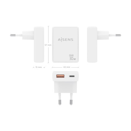 AISENS ASCH-30W2P074-W Caricabatterie per dispositivi mobili Fotocamera, Telefono cellulare, Computer portatile, Smartphone, Tablet, Universale Bianco AC Ricarica rapida Interno