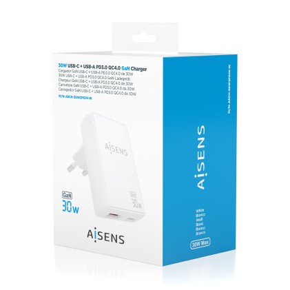 AISENS ASCH-30W2P074-W Caricabatterie per dispositivi mobili Fotocamera, Telefono cellulare, Computer portatile, Smartphone, Tablet, Universale Bianco AC Ricarica rapida Interno