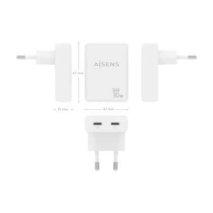 AISENS ASCH-30W2P075-W Caricabatterie per dispositivi mobili Fotocamera, Telefono cellulare, Computer portatile, Smartphone, Tablet, Universale Bianco AC Ricarica rapida Interno