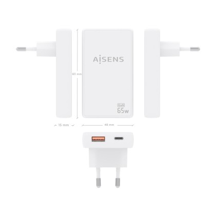 AISENS ASCH-65W2P076-W Caricabatterie per dispositivi mobili Fotocamera, Telefono cellulare, Computer portatile, Smartphone, Tablet, Universale Bianco AC Ricarica rapida Interno