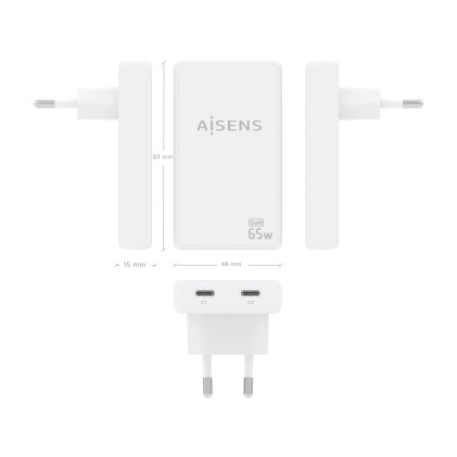 AISENS ASCH-65W2P077-W Caricabatterie per dispositivi mobili Fotocamera, Telefono cellulare, Computer portatile, Smartphone, Tablet, Universale Bianco AC Ricarica rapida Interno