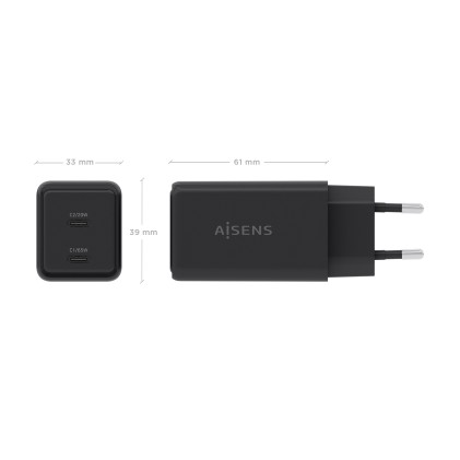 AISENS ASCH-65W2P079-BK Caricabatterie per dispositivi mobili Fotocamera, Telefono cellulare, Computer portatile, Smartphone, Tablet, Universale Nero AC Ricarica rapida Interno