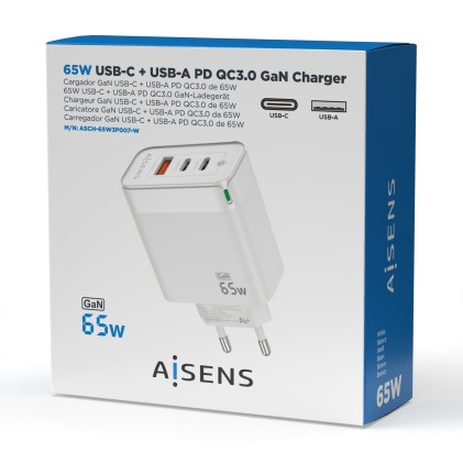 AISENS ASCH-65W3P007-W Caricabatterie per dispositivi mobili Universale Bianco AC Ricarica rapida Interno