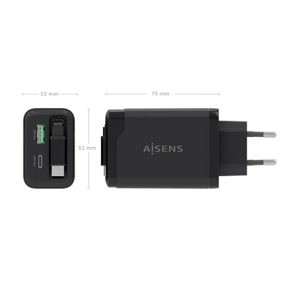 AISENS ASCH-65W3P071-BK Caricabatterie per dispositivi mobili Fotocamera, GPS, Telefono cellulare, Computer portatile, Smartphone, Tablet, Universale Nero AC Ricarica rapida Interno