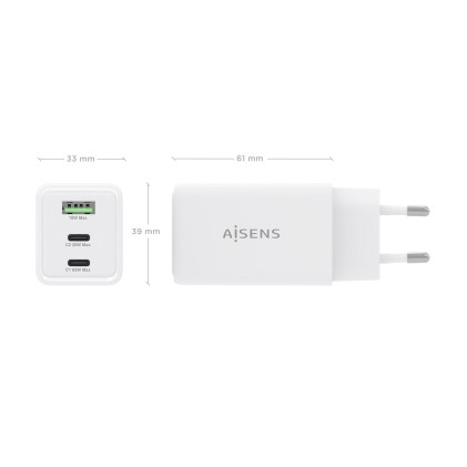 AISENS ASCH-65W3P072-W Caricabatterie per dispositivi mobili Fotocamera, GPS, Telefono cellulare, Computer portatile, Smartphone, Tablet, Universale Bianco AC Ricarica rapida Interno