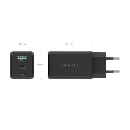 AISENS ASCH-65W3P073-BK Caricabatterie per dispositivi mobili Fotocamera, GPS, Telefono cellulare, Computer portatile, Smartphone, Tablet, Universale Nero AC Ricarica rapida Interno