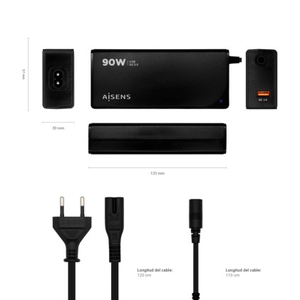 AISENS ASLC-90WAUTO-BK adattatore e invertitore Interno 90 W Nero