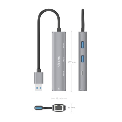 AISENS ASUC-4P035-GR replicatore di porte e docking station per laptop Cablato USB 3.2 Gen 1 (3.1 Gen 1) Type-A Grigio