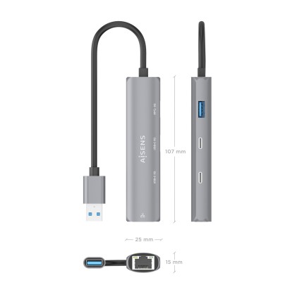 AISENS ASUC-4P036-GR replicatore di porte e docking station per laptop Cablato USB 3.2 Gen 1 (3.1 Gen 1) Type-A Grigio