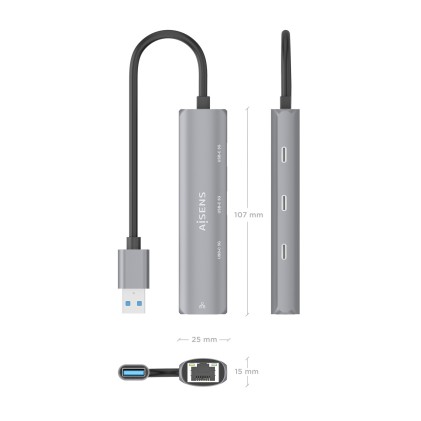 AISENS ASUC-4P037-GR replicatore di porte e docking station per laptop Cablato USB 3.2 Gen 1 (3.1 Gen 1) Type-A Grigio