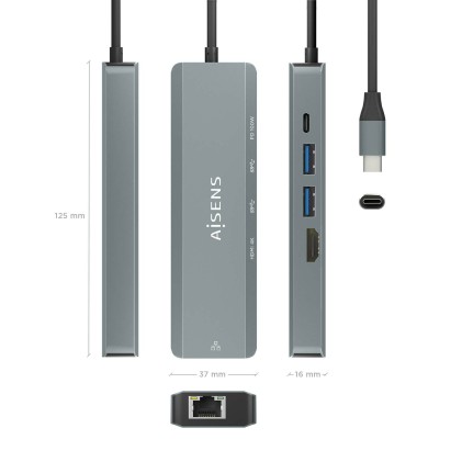 AISENS ASUC-5P011-GR replicatore di porte e docking station per laptop Cablato USB 3.2 Gen 1 (3.1 Gen 1) Type-C Grigio