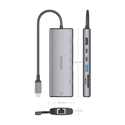 AISENS ASUC-7P032-GR replicatore di porte e docking station per laptop Cablato USB 3.2 Gen 1 (3.1 Gen 1) Type-C Grigio